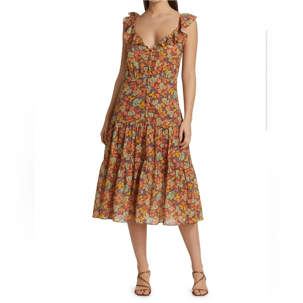 Veronica Beard Malgosia Floral-Print Button-Front‎ Ruffle cottage Midi Dress
